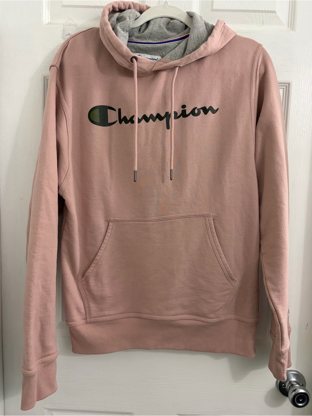 Champion Pink Pullover Hoodie with Script Logo. Size Small